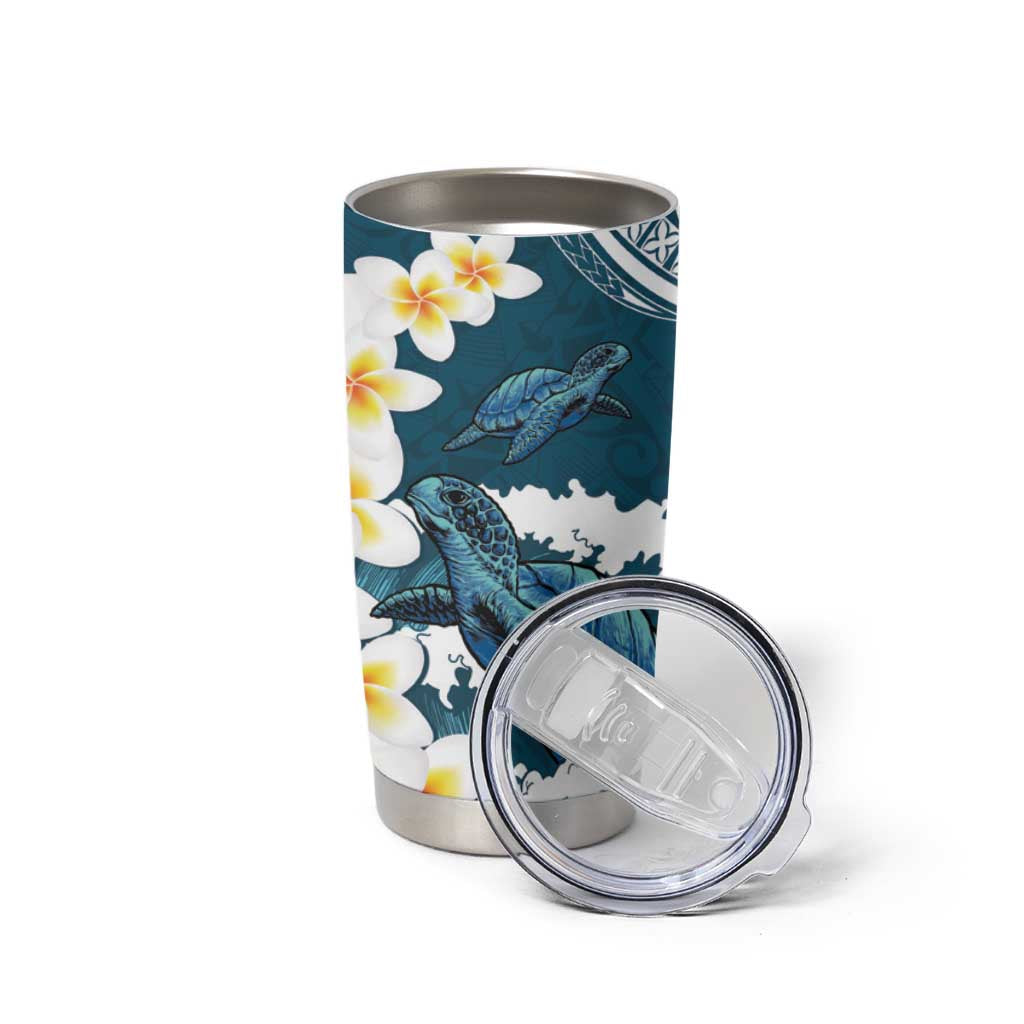 Dark Teal Polynesia Tumbler Cup Polynesian Frangipani With Sea Turtles LT14 - Polynesian Pride