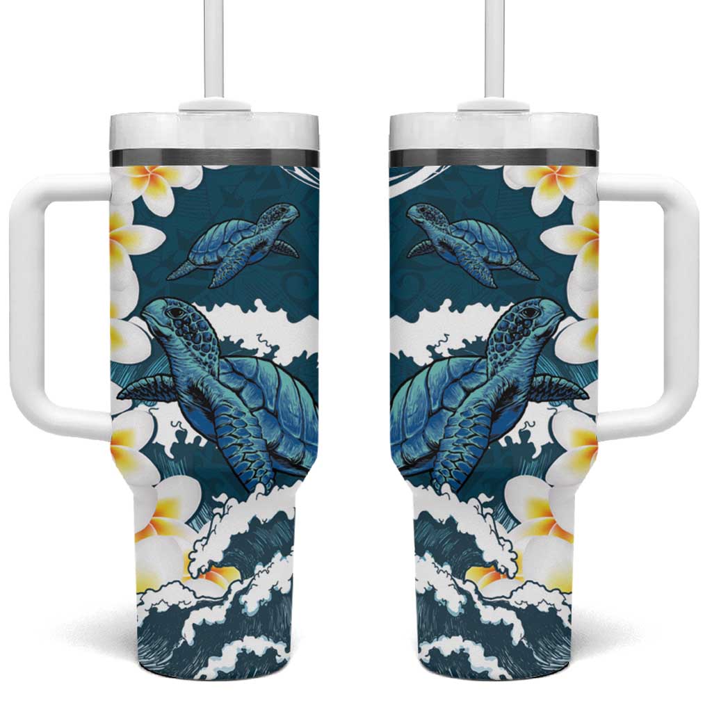 Dark Teal Polynesia Tumbler With Handle Polynesian Frangipani With Sea Turtles LT14 One Size: 40 oz Dark Teal - Polynesian Pride
