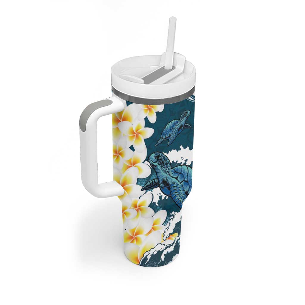 Dark Teal Polynesia Tumbler With Handle Polynesian Frangipani With Sea Turtles LT14 - Polynesian Pride
