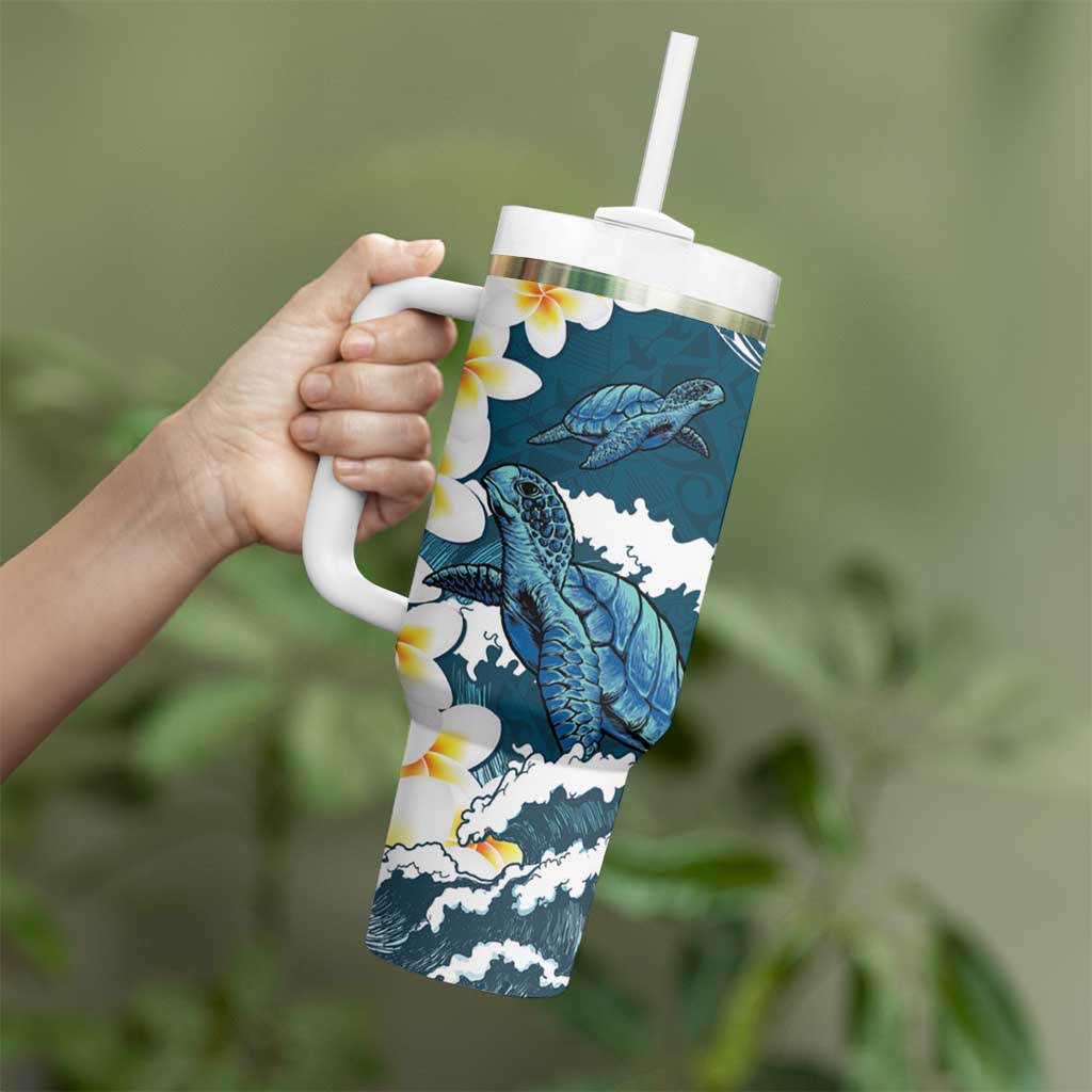 Dark Teal Polynesia Tumbler With Handle Polynesian Frangipani With Sea Turtles LT14 - Polynesian Pride
