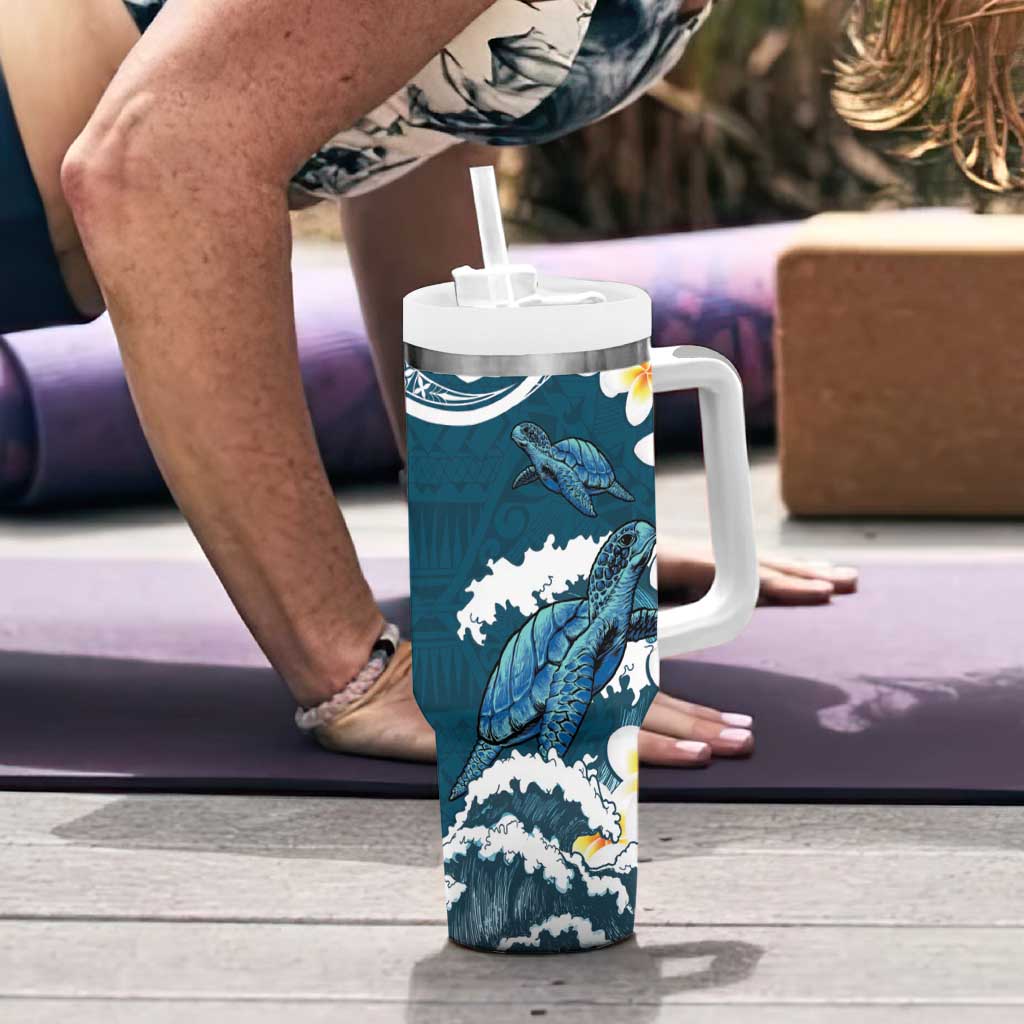 Dark Teal Polynesia Tumbler With Handle Polynesian Frangipani With Sea Turtles LT14 - Polynesian Pride