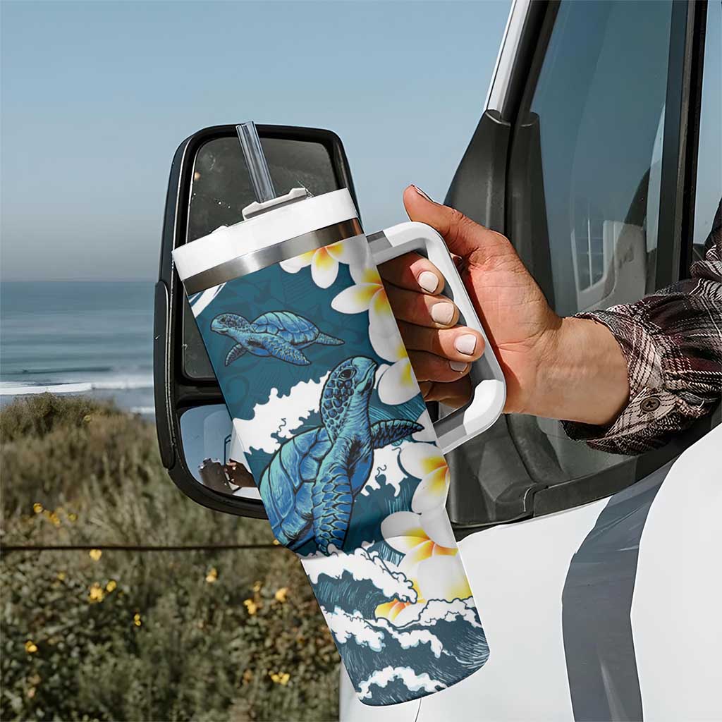 Dark Teal Polynesia Tumbler With Handle Polynesian Frangipani With Sea Turtles LT14 - Polynesian Pride