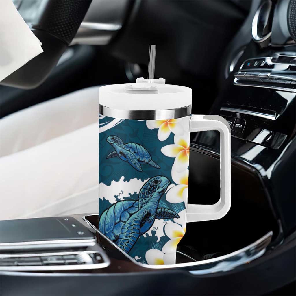 Dark Teal Polynesia Tumbler With Handle Polynesian Frangipani With Sea Turtles LT14 - Polynesian Pride
