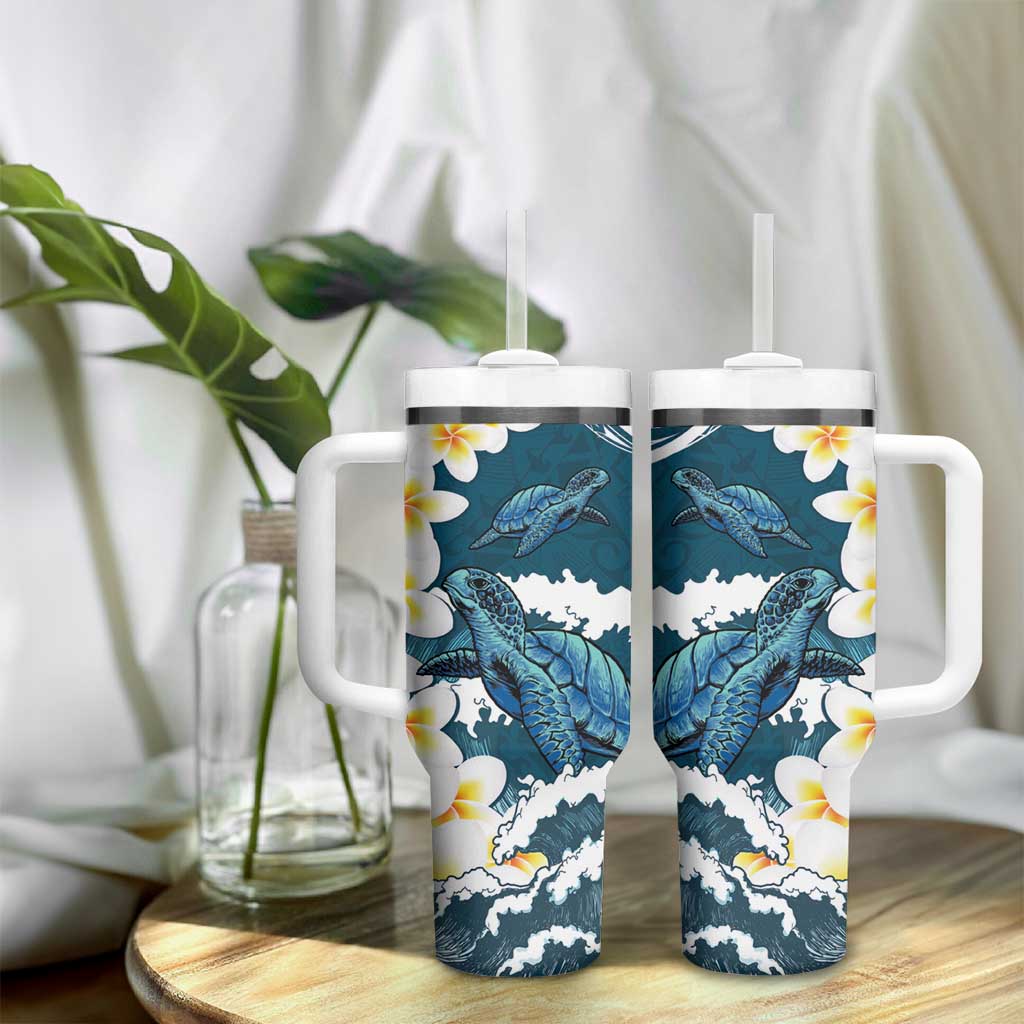 Dark Teal Polynesia Tumbler With Handle Polynesian Frangipani With Sea Turtles LT14 - Polynesian Pride
