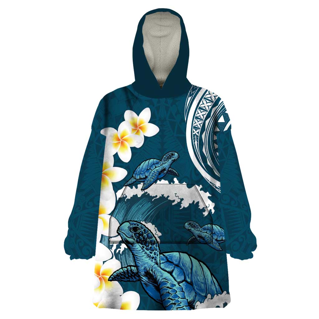 Dark Teal Polynesia Wearable Blanket Hoodie Polynesian Frangipani With Sea Turtles LT14 One Size Dark Teal - Polynesian Pride