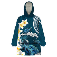 Dark Teal Polynesia Wearable Blanket Hoodie Polynesian Frangipani With Sea Turtles LT14 One Size Dark Teal - Polynesian Pride