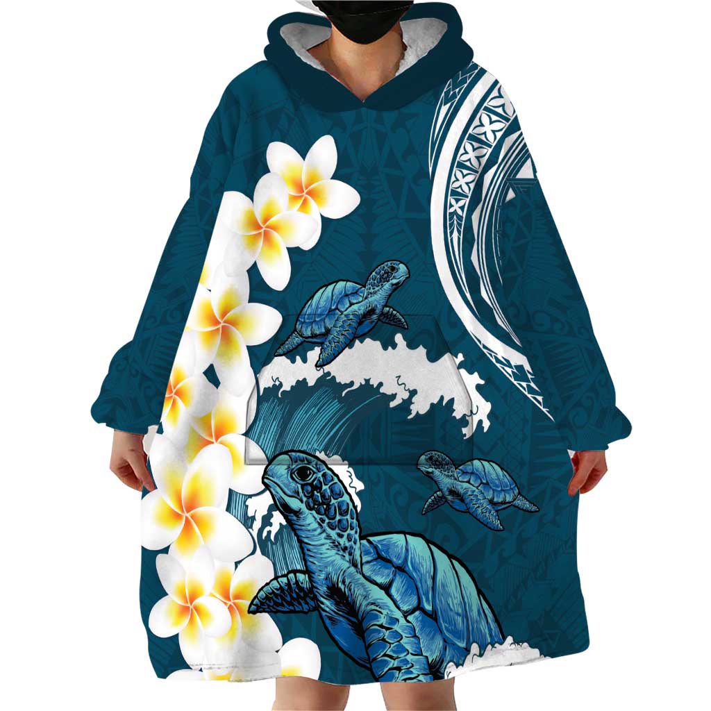 Dark Teal Polynesia Wearable Blanket Hoodie Polynesian Frangipani With Sea Turtles LT14 - Polynesian Pride