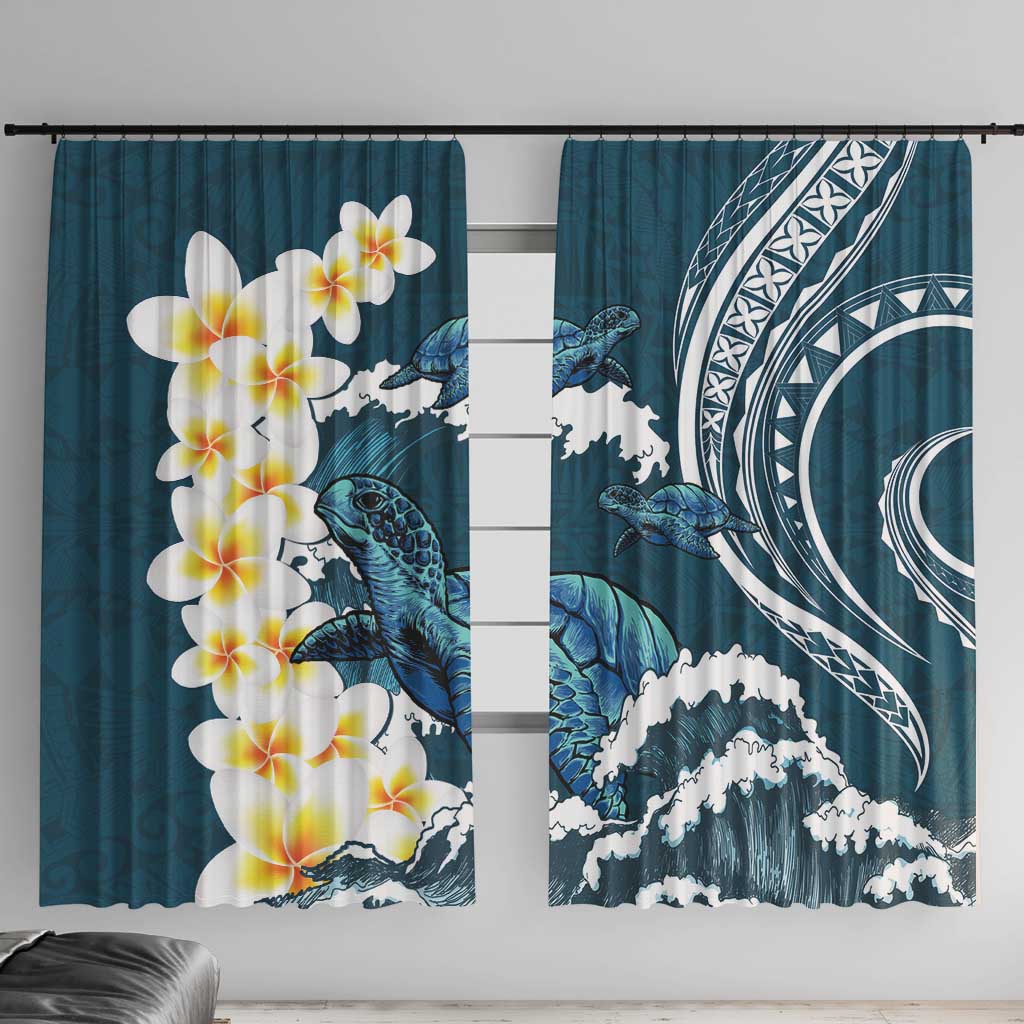 Dark Teal Polynesia Window Curtain Polynesian Frangipani With Sea Turtles LT14 With Hooks Dark Teal - Polynesian Pride