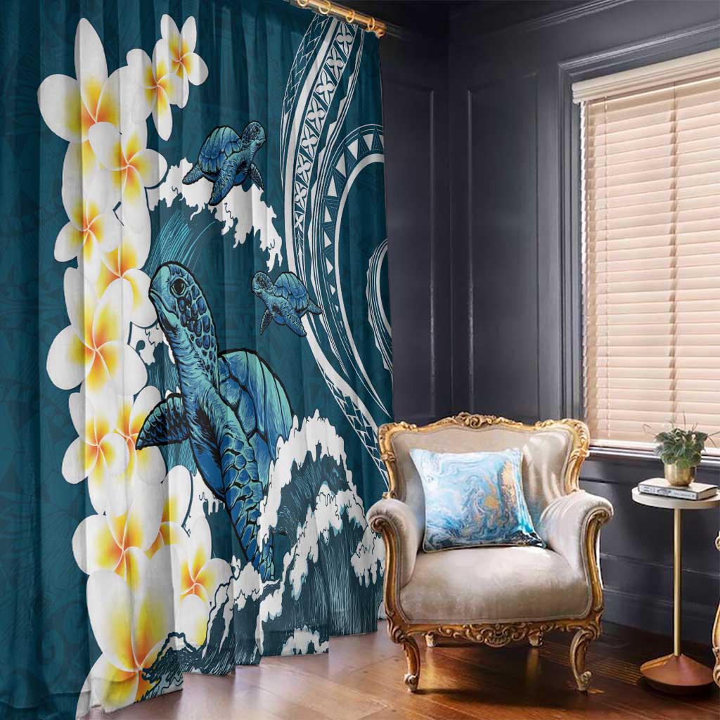 Dark Teal Polynesia Window Curtain Polynesian Frangipani With Sea Turtles LT14 - Polynesian Pride