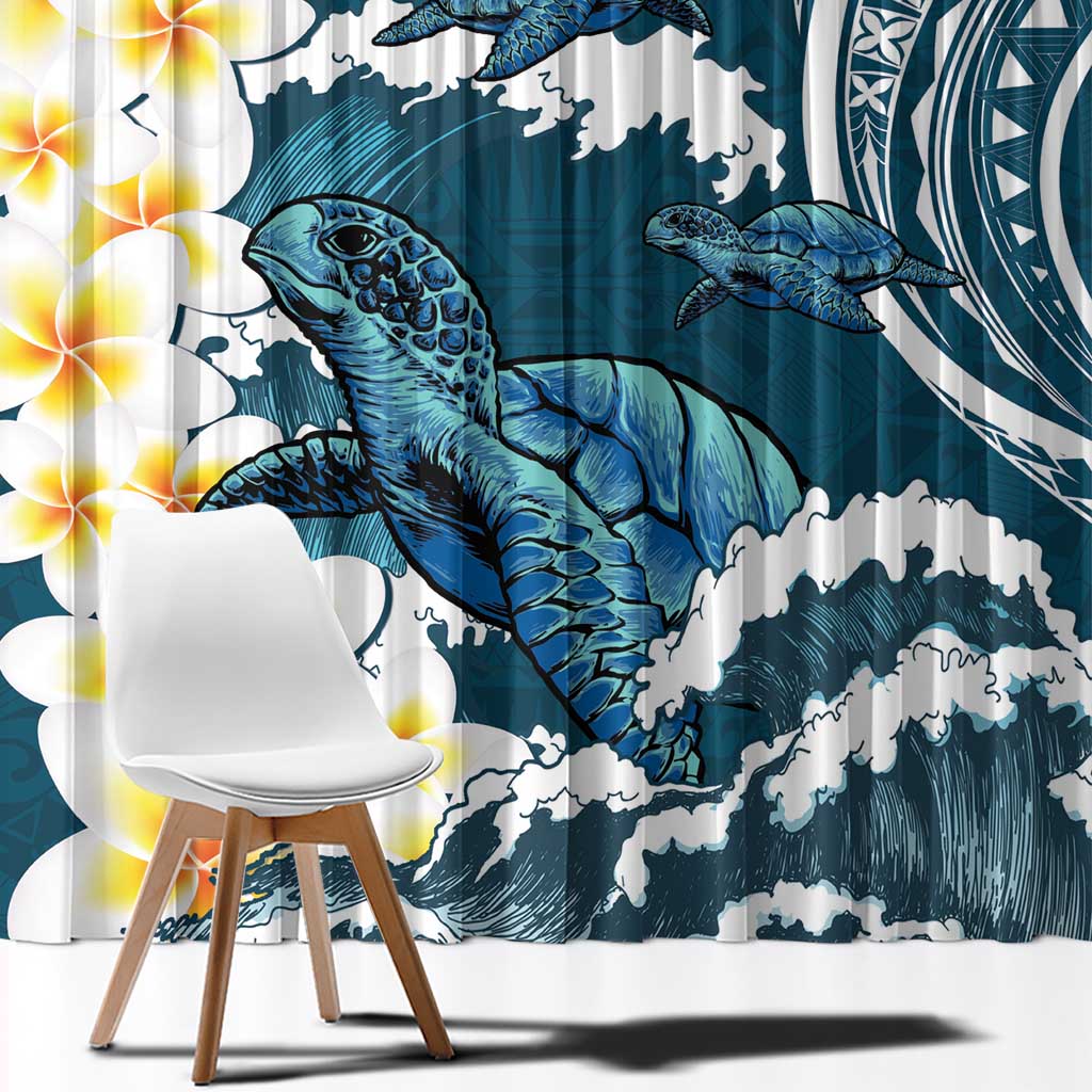 Dark Teal Polynesia Window Curtain Polynesian Frangipani With Sea Turtles LT14 - Polynesian Pride