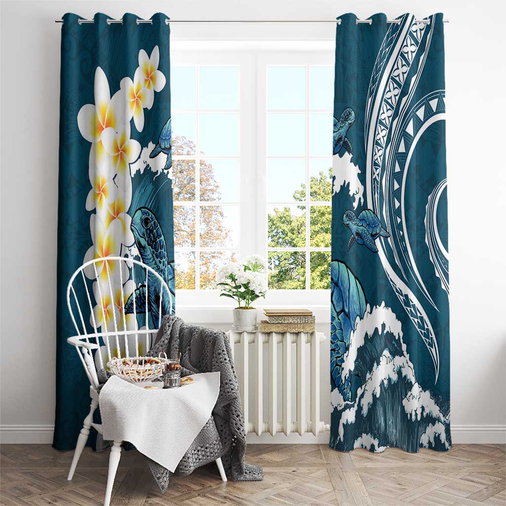 Dark Teal Polynesia Window Curtain Polynesian Frangipani With Sea Turtles LT14 - Polynesian Pride