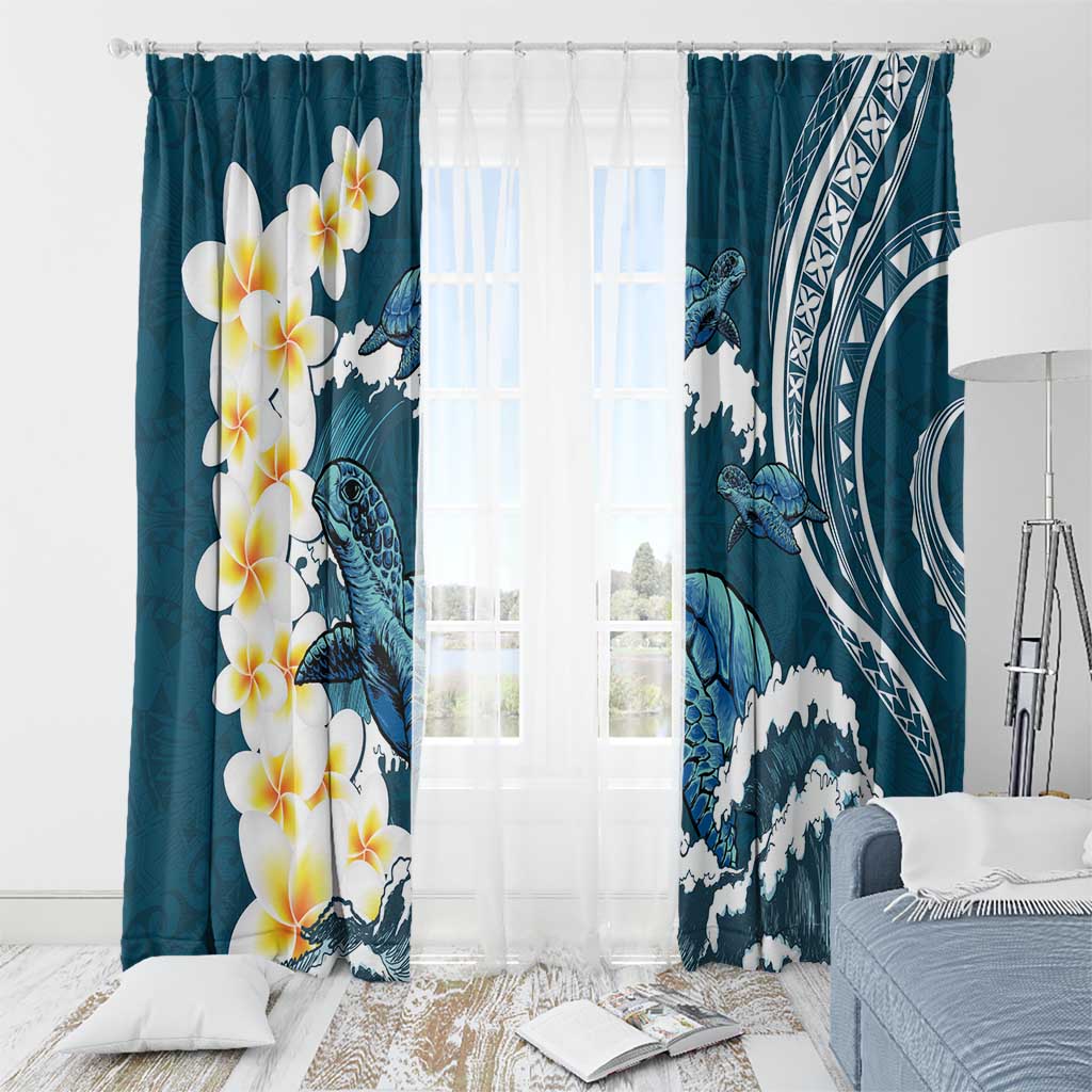 Dark Teal Polynesia Window Curtain Polynesian Frangipani With Sea Turtles LT14 - Polynesian Pride