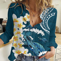 Dark Teal Polynesia Women Casual Shirt Polynesian Frangipani With Sea Turtles