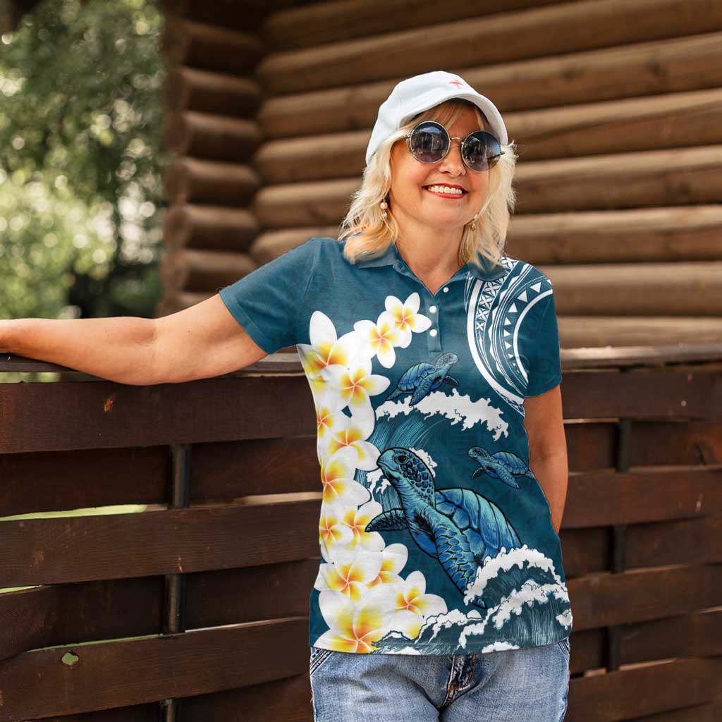 Dark Teal Polynesia Women Polo Shirt Polynesian Frangipani With Sea Turtles