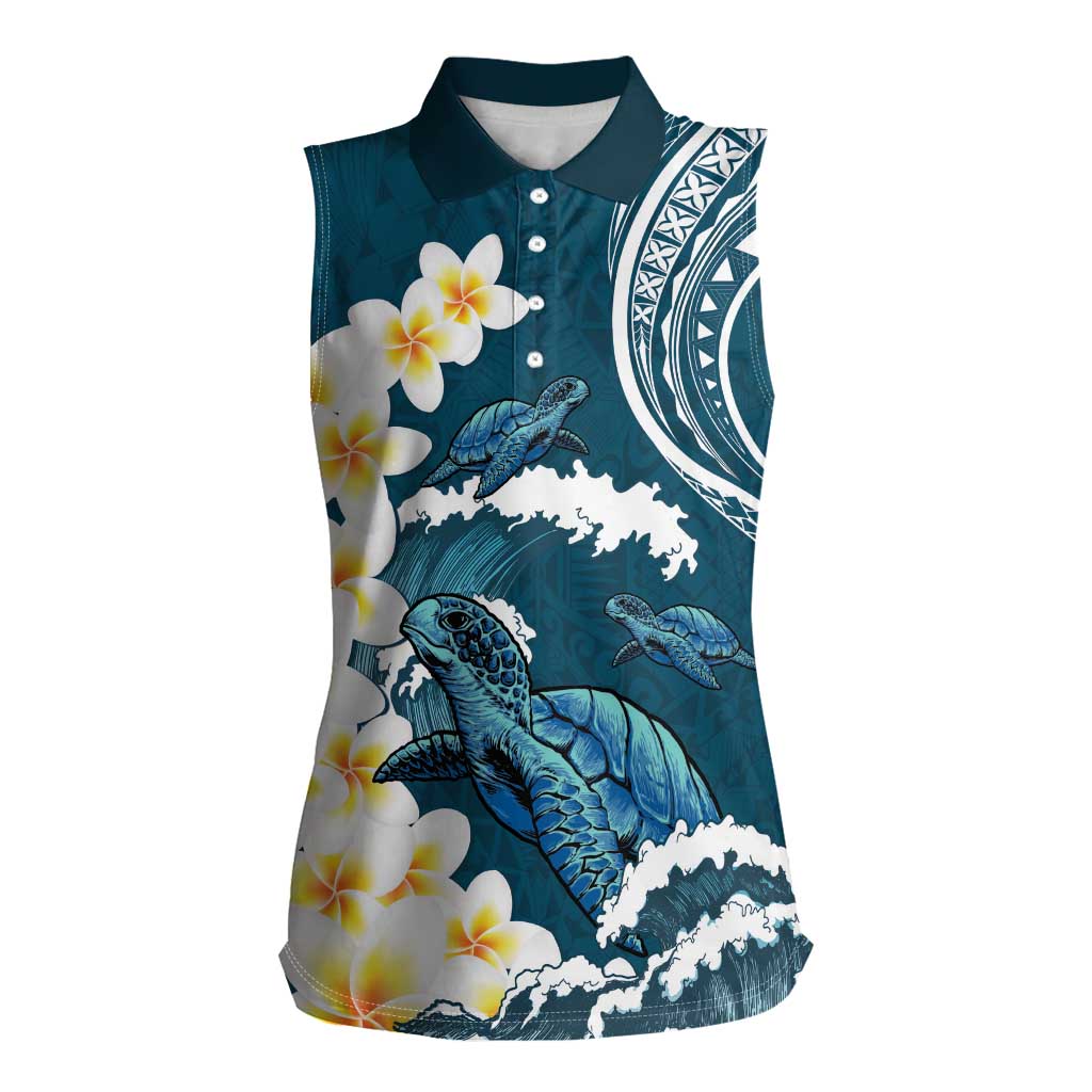 Dark Teal Polynesia Women Sleeveless Polo Shirt Polynesian Frangipani With Sea Turtles