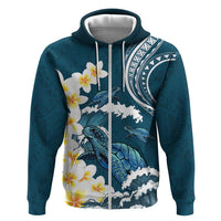 Dark Teal Polynesia Zip Hoodie Polynesian Frangipani With Sea Turtles