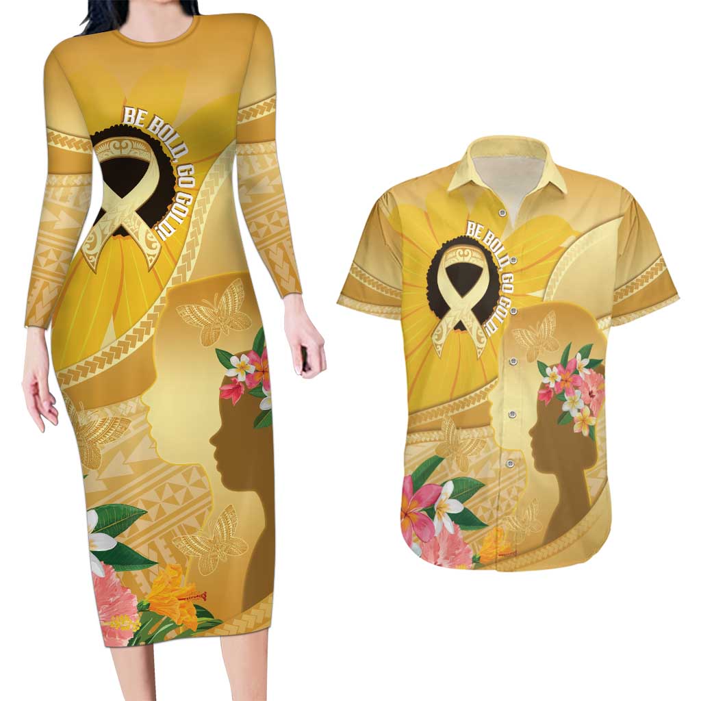 Polynesia Childhood Cancer Awareness Couples Matching Long Sleeve Bodycon Dress and Hawaiian Shirt Be Bold Go Gold Polynesian Art LT14 Gold - Polynesian Pride