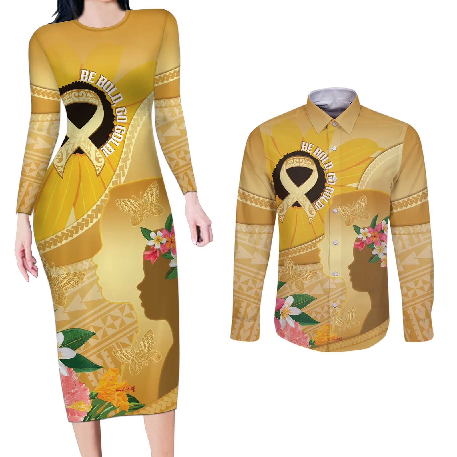 Polynesia Childhood Cancer Awareness Couples Matching Long Sleeve Bodycon Dress and Long Sleeve Button Shirt Be Bold Go Gold Polynesian Art LT14 Gold - Polynesian Pride