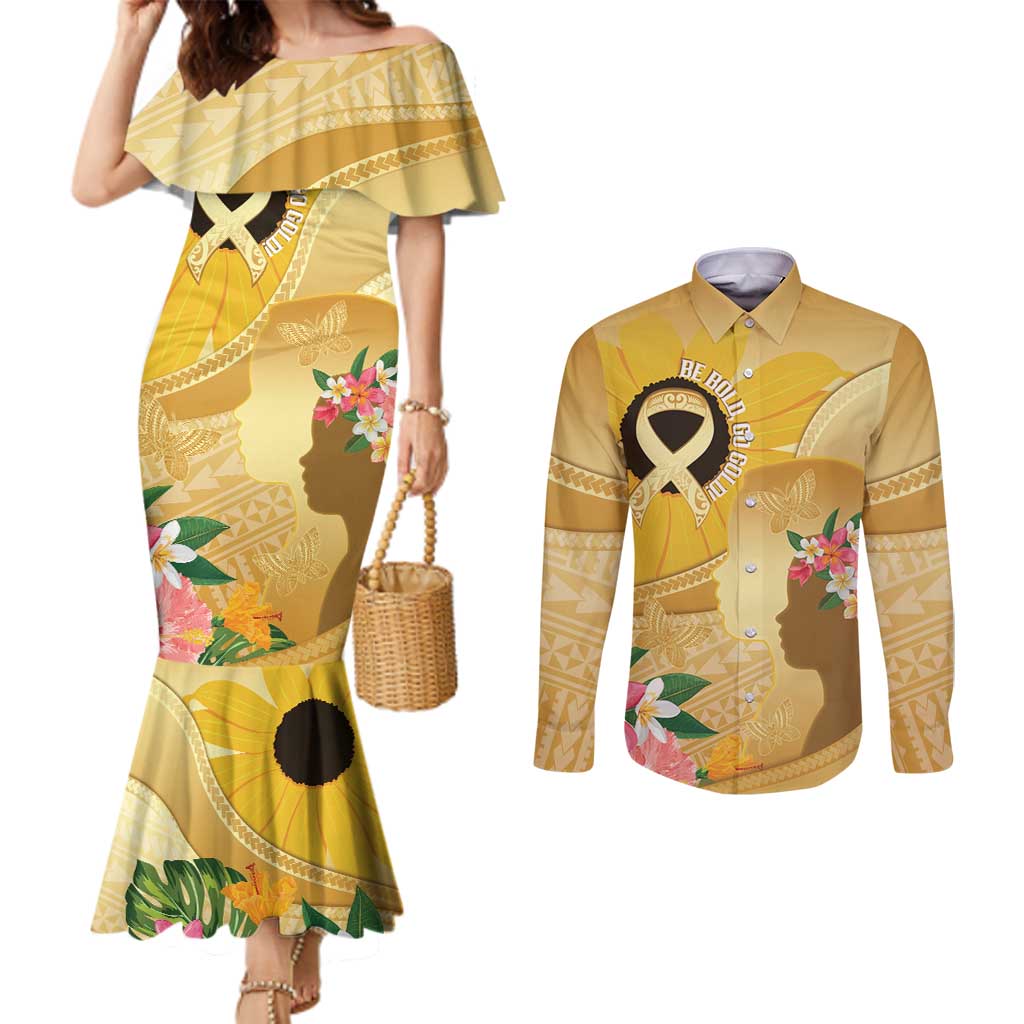 Polynesia Childhood Cancer Awareness Couples Matching Mermaid Dress and Long Sleeve Button Shirt Be Bold Go Gold Polynesian Art LT14 Gold - Polynesian Pride