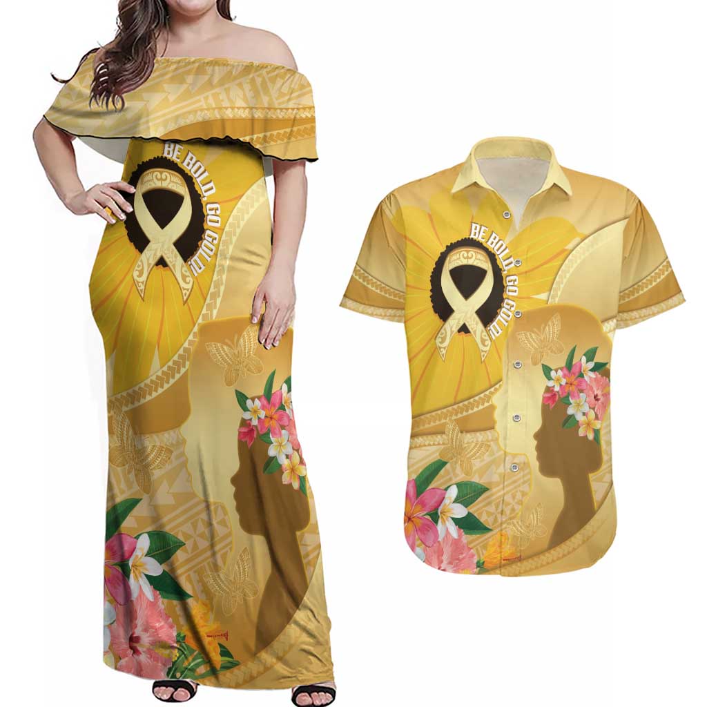 Polynesia Childhood Cancer Awareness Couples Matching Off Shoulder Maxi Dress and Hawaiian Shirt Be Bold Go Gold Polynesian Art