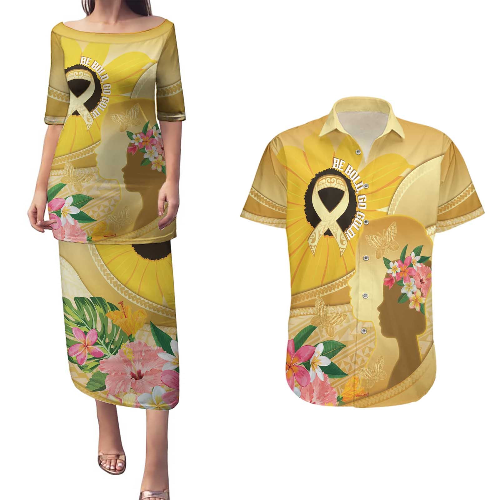 Polynesia Childhood Cancer Awareness Couples Matching Puletasi and Hawaiian Shirt Be Bold Go Gold Polynesian Art LT14 Gold - Polynesian Pride