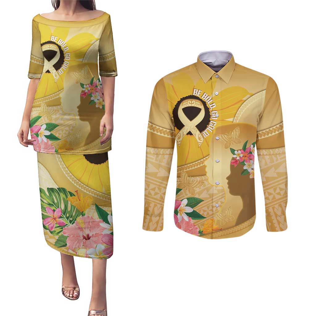 Polynesia Childhood Cancer Awareness Couples Matching Puletasi and Long Sleeve Button Shirt Be Bold Go Gold Polynesian Art LT14 Gold - Polynesian Pride