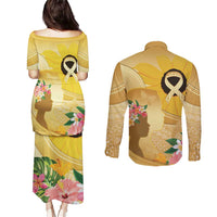 Polynesia Childhood Cancer Awareness Couples Matching Puletasi and Long Sleeve Button Shirt Be Bold Go Gold Polynesian Art LT14 - Polynesian Pride