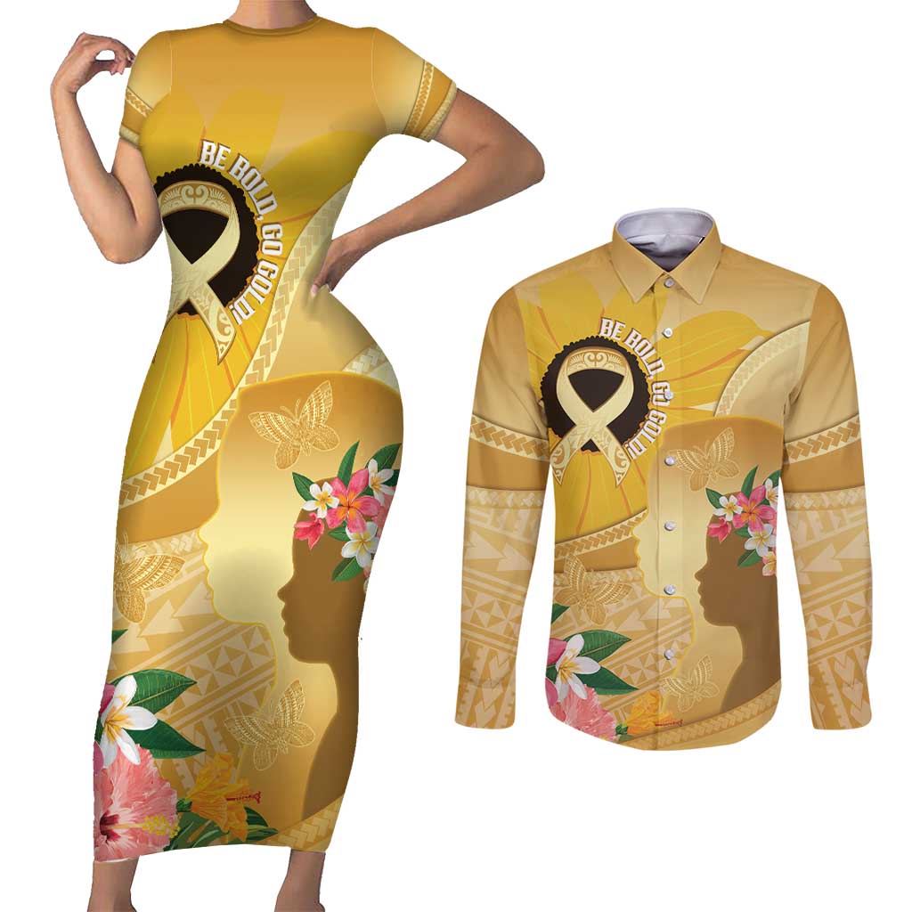 Polynesia Childhood Cancer Awareness Couples Matching Short Sleeve Bodycon Dress and Long Sleeve Button Shirt Be Bold Go Gold Polynesian Art LT14 Gold - Polynesian Pride