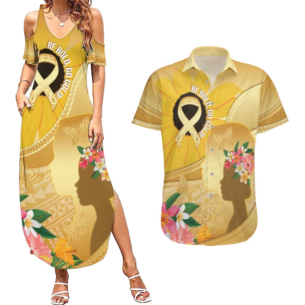 Polynesia Childhood Cancer Awareness Couples Matching Summer Maxi Dress and Hawaiian Shirt Be Bold Go Gold Polynesian Art LT14 Gold - Polynesian Pride