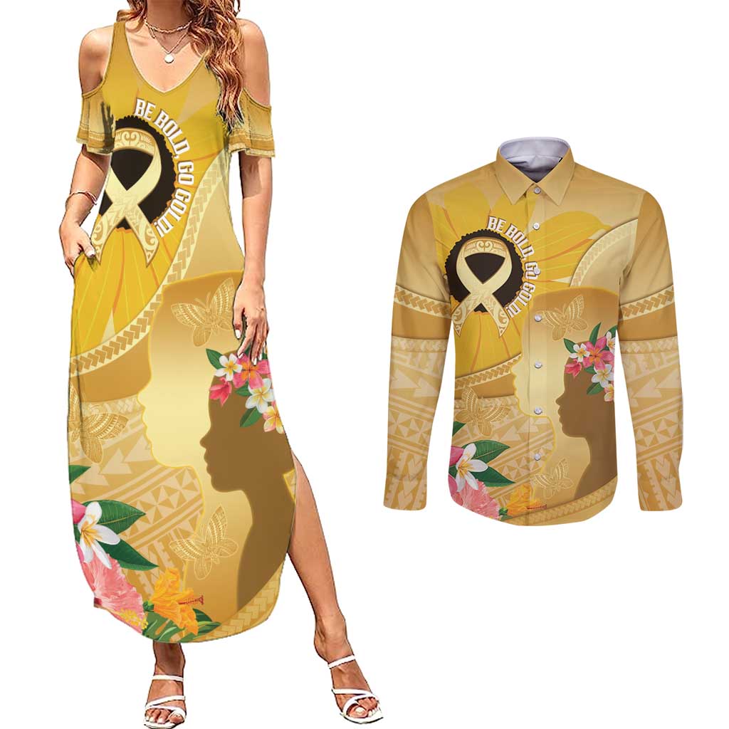 Polynesia Childhood Cancer Awareness Couples Matching Summer Maxi Dress and Long Sleeve Button Shirt Be Bold Go Gold Polynesian Art LT14 Gold - Polynesian Pride