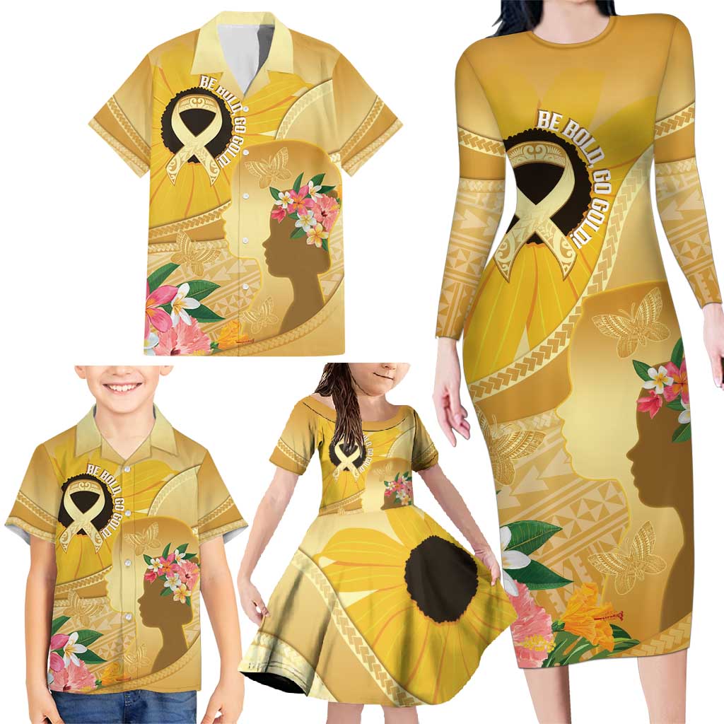 Polynesia Childhood Cancer Awareness Family Matching Long Sleeve Bodycon Dress and Hawaiian Shirt Be Bold Go Gold Polynesian Art