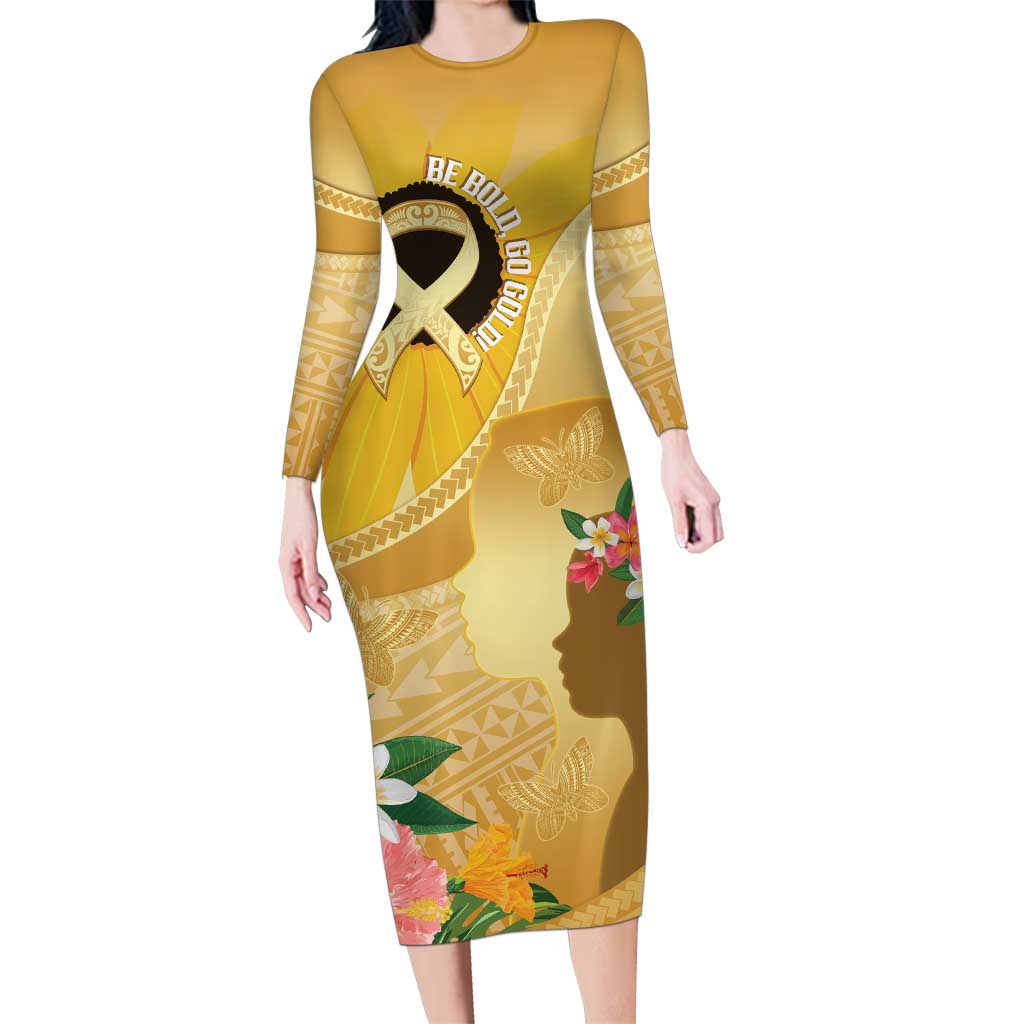 Polynesia Childhood Cancer Awareness Family Matching Long Sleeve Bodycon Dress and Hawaiian Shirt Be Bold Go Gold Polynesian Art