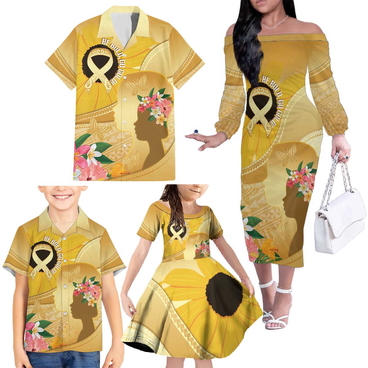 Polynesia Childhood Cancer Awareness Family Matching Off The Shoulder Long Sleeve Dress and Hawaiian Shirt Be Bold Go Gold Polynesian Art