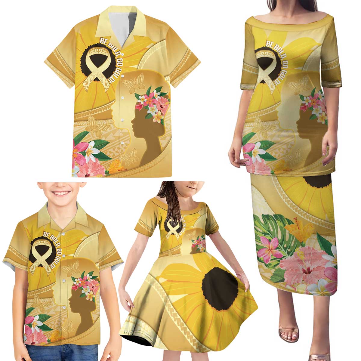Polynesia Childhood Cancer Awareness Family Matching Puletasi and Hawaiian Shirt Be Bold Go Gold Polynesian Art LT14 - Polynesian Pride