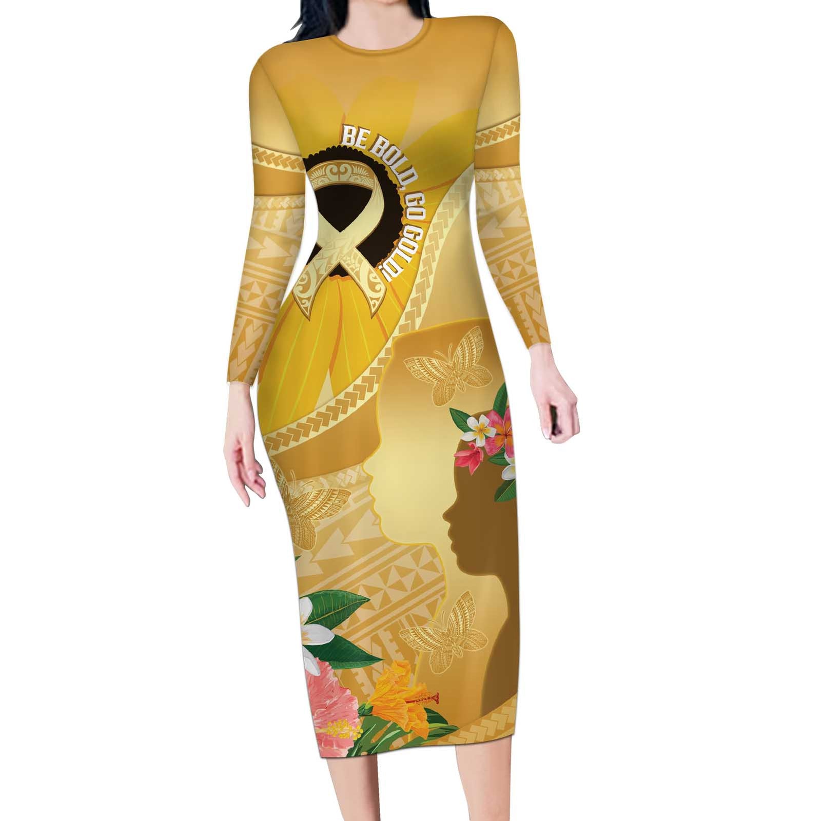 Polynesia Childhood Cancer Awareness Long Sleeve Bodycon Dress Be Bold Go Gold Polynesian Art