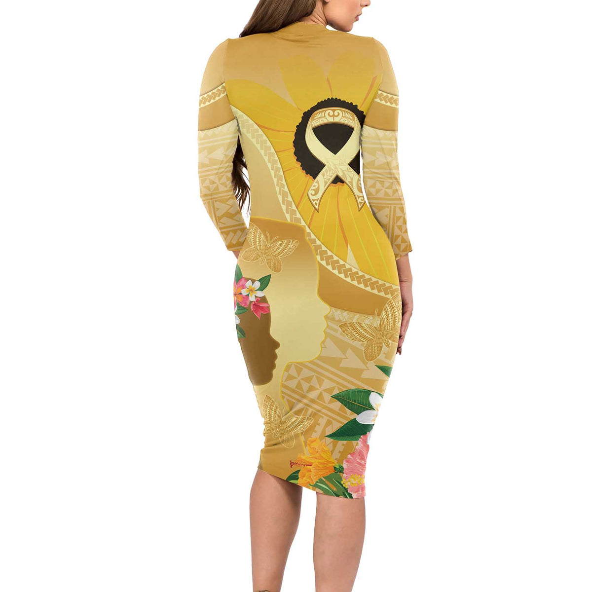 Polynesia Childhood Cancer Awareness Long Sleeve Bodycon Dress Be Bold Go Gold Polynesian Art