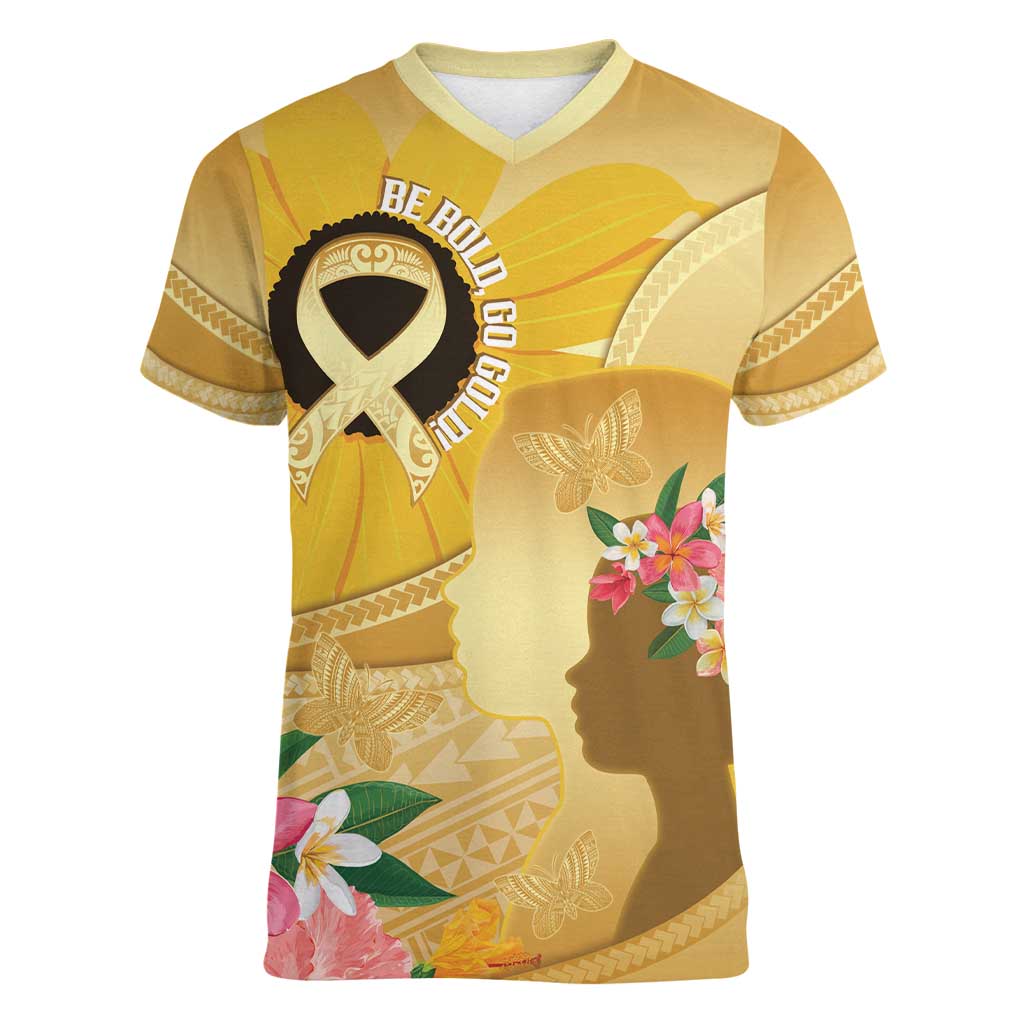 Polynesia Childhood Cancer Awareness Women V-Neck T-Shirt Be Bold Go Gold Polynesian Art
