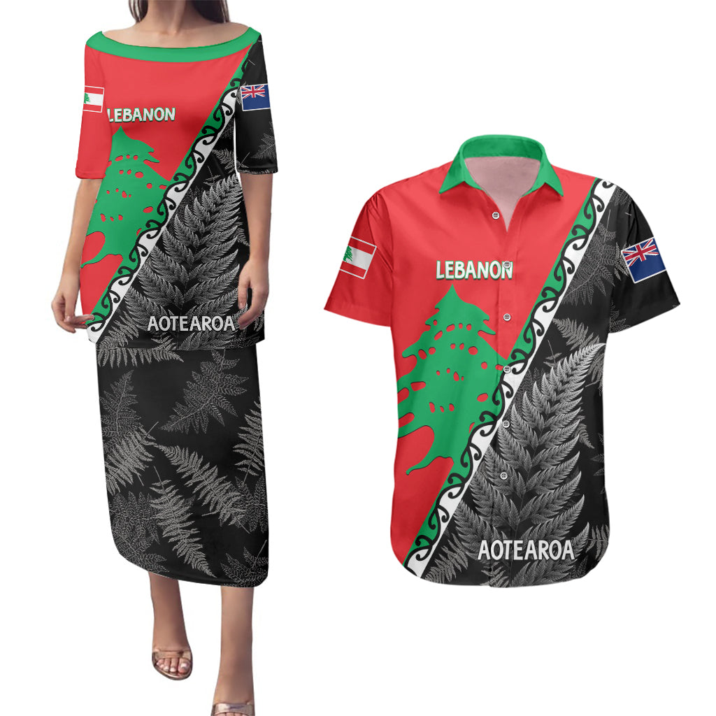 New Zealand And Lebanon Couples Matching Puletasi Dress and Hawaiian Shirt Silver Fern Maori With Cedar Tree Together LT14 Red - Polynesian Pride