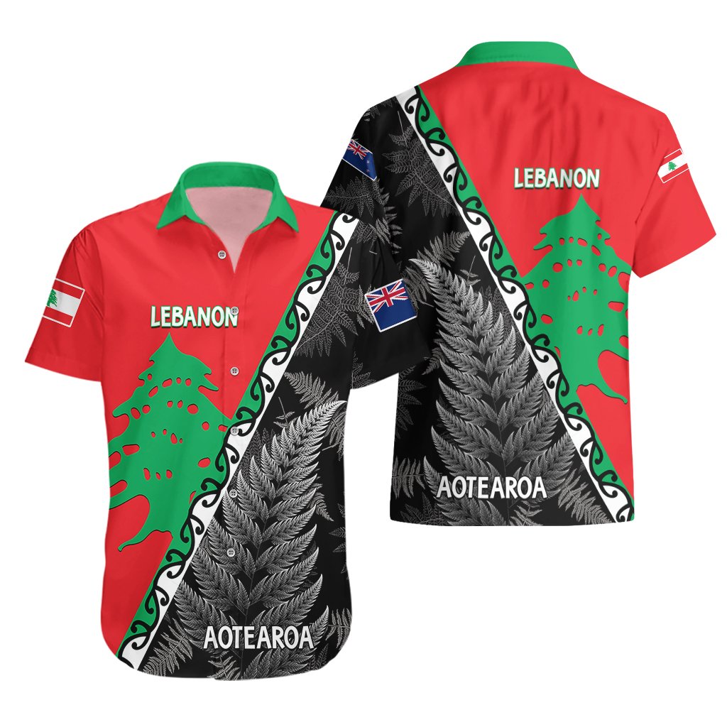 New Zealand And Lebanon Hawaiian Shirt Silver Fern Maori With Cedar Tree Together LT14 - Polynesian Pride