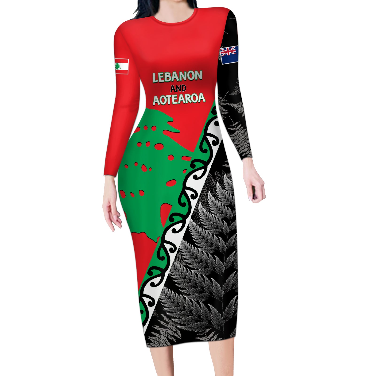 New Zealand And Lebanon Long Sleeve Bodycon Dress Silver Fern Maori With Cedar Tree Together LT14 Long Dress Red - Polynesian Pride