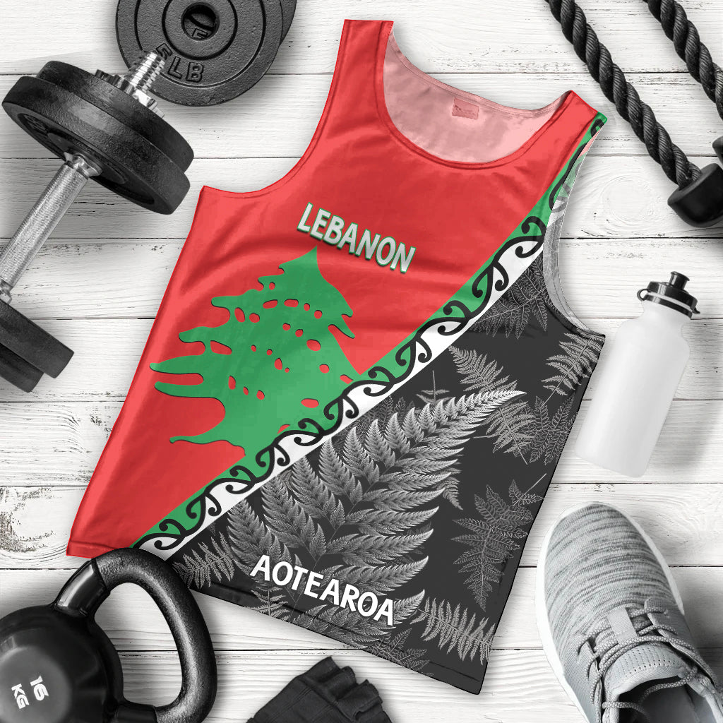 New Zealand And Lebanon Men Tank Top Silver Fern Maori With Cedar Tree Together LT14 Red - Polynesian Pride