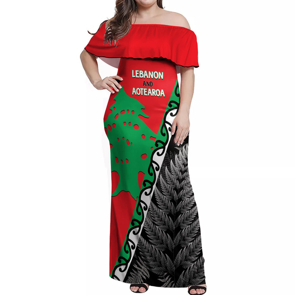 New Zealand And Lebanon Off Shoulder Maxi Dress Silver Fern Maori With Cedar Tree Together LT14 Women Red - Polynesian Pride