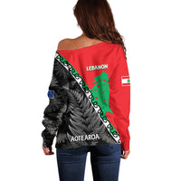 New Zealand And Lebanon Off Shoulder Sweater Silver Fern Maori With Cedar Tree Together LT14 - Polynesian Pride
