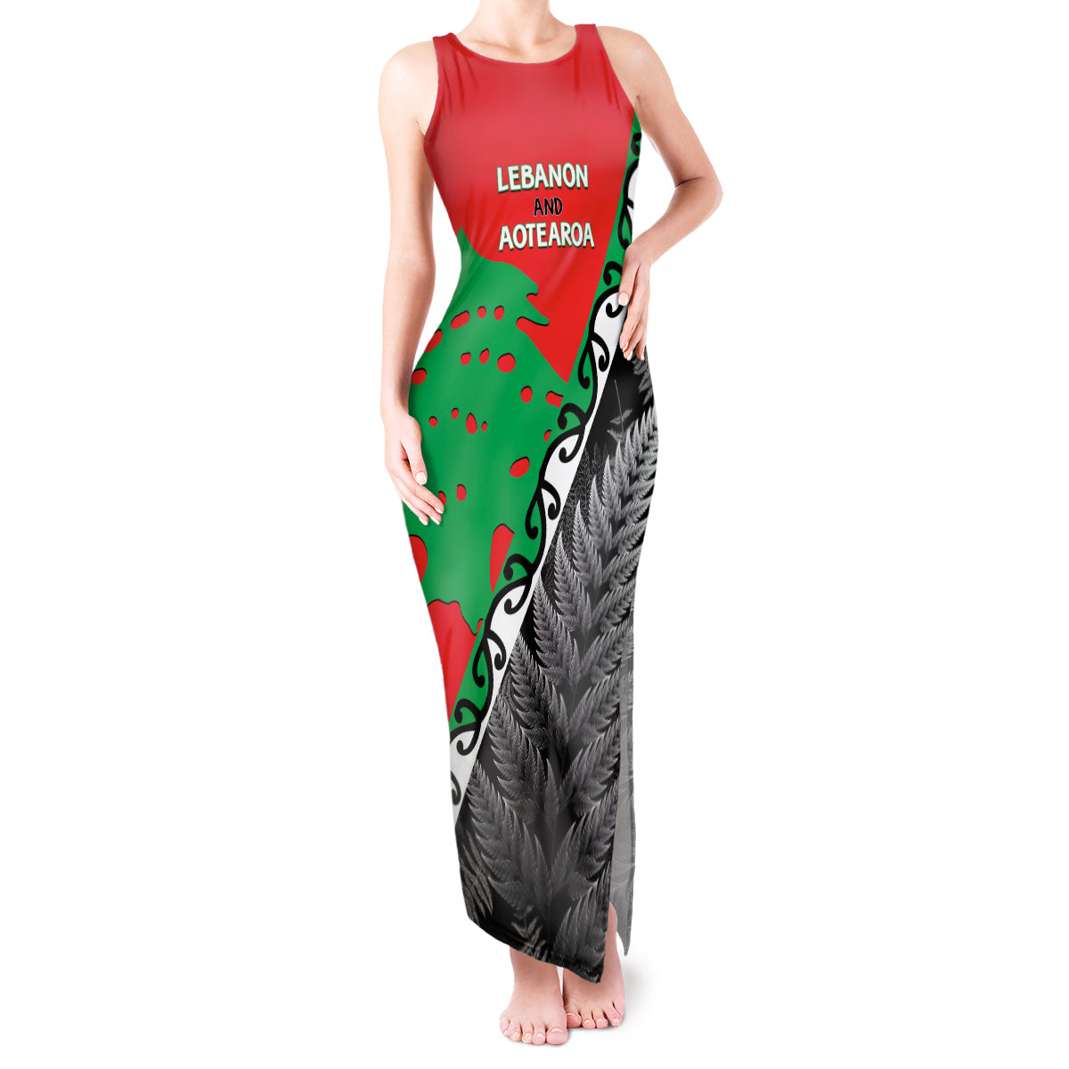 New Zealand And Lebanon Tank Maxi Dress Silver Fern Maori With Cedar Tree Together LT14 Women Red - Polynesian Pride