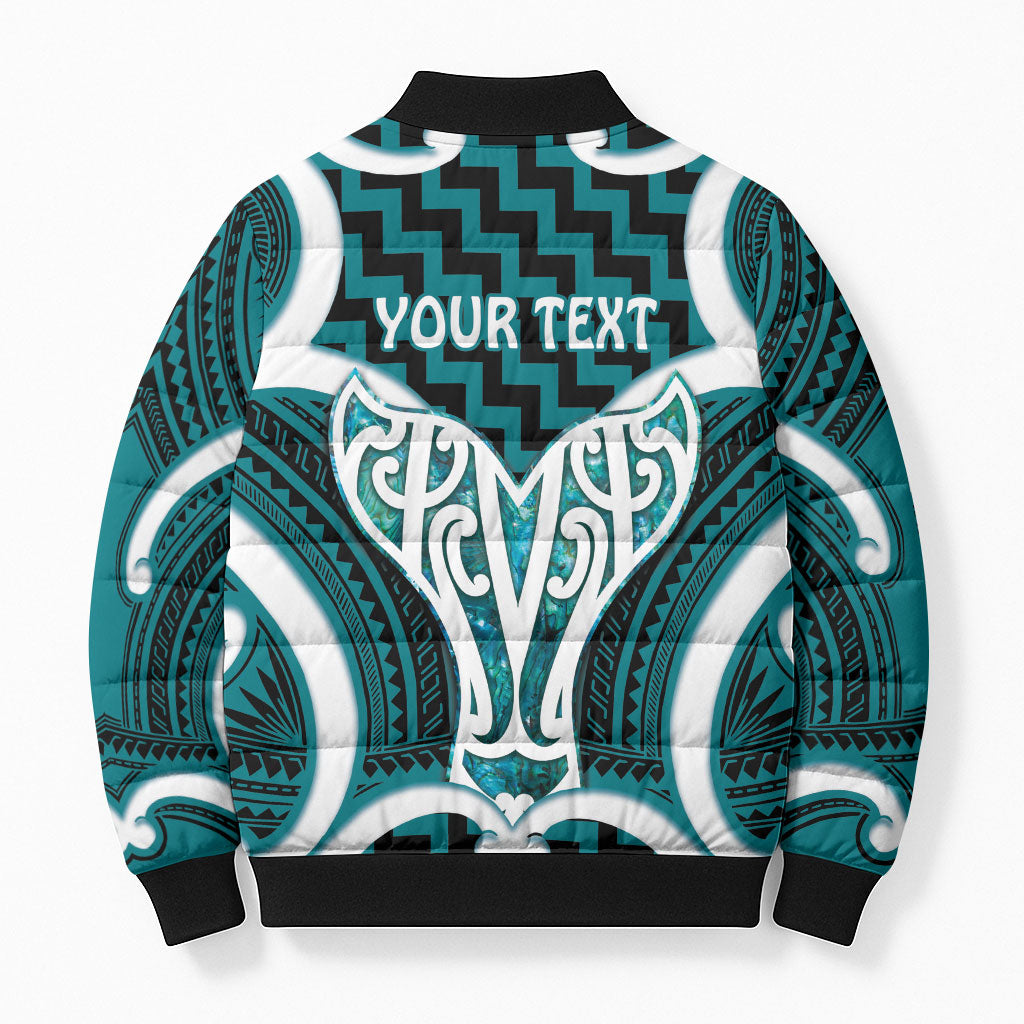 Aotearoa Atua Tangaroa Personalised Bomber Puffer Jacket God Of The Sea Maori Whale Tail Cyan