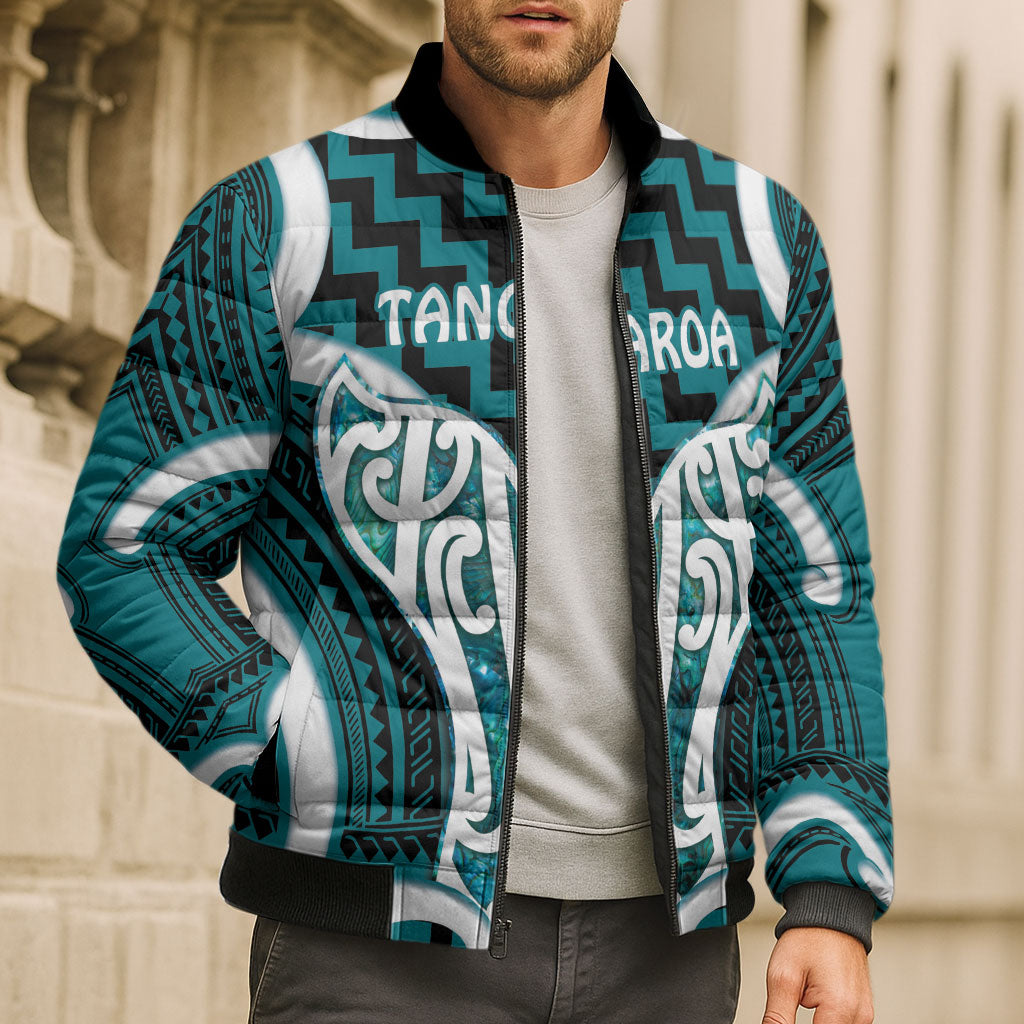 Aotearoa Atua Tangaroa Personalised Bomber Puffer Jacket God Of The Sea Maori Whale Tail Cyan