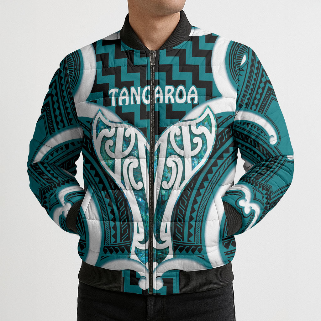 Aotearoa Atua Tangaroa Personalised Bomber Puffer Jacket God Of The Sea Maori Whale Tail Cyan