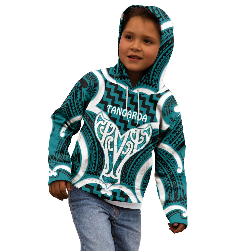 Aotearoa Atua Tangaroa Personalised Kid Hoodie God Of The Sea Maori Whale Tail Cyan