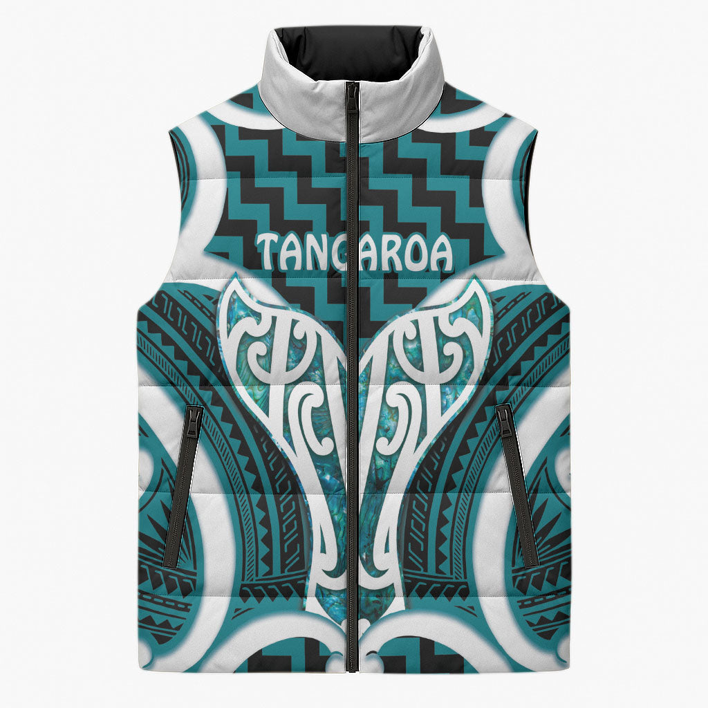 Aotearoa Atua Tangaroa Personalised Sleeveless Puffer Jacket God Of The Sea Maori Whale Tail Cyan