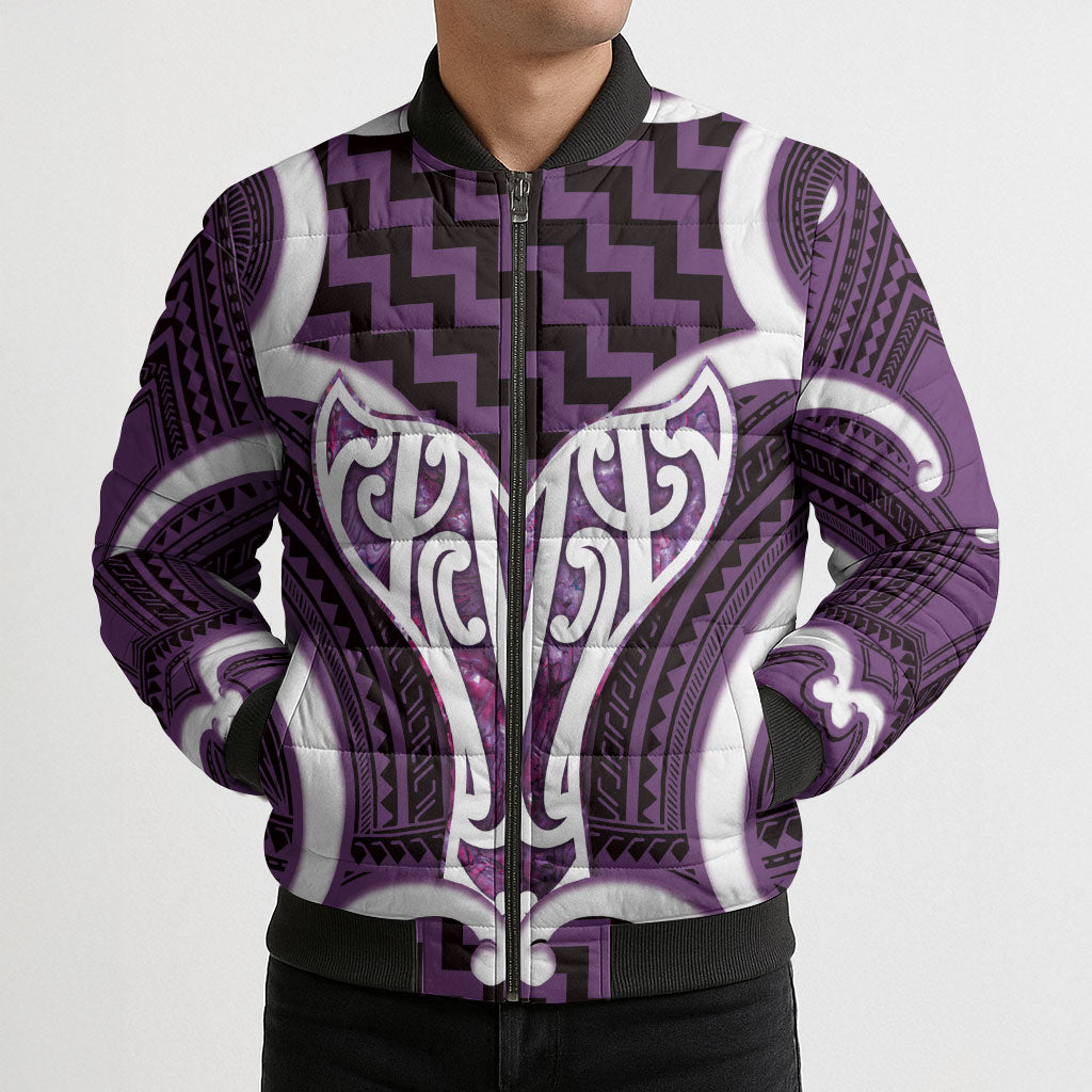 Aotearoa Atua Tangaroa Personalised Bomber Puffer Jacket God Of The Sea Maori Whale Tail Purple